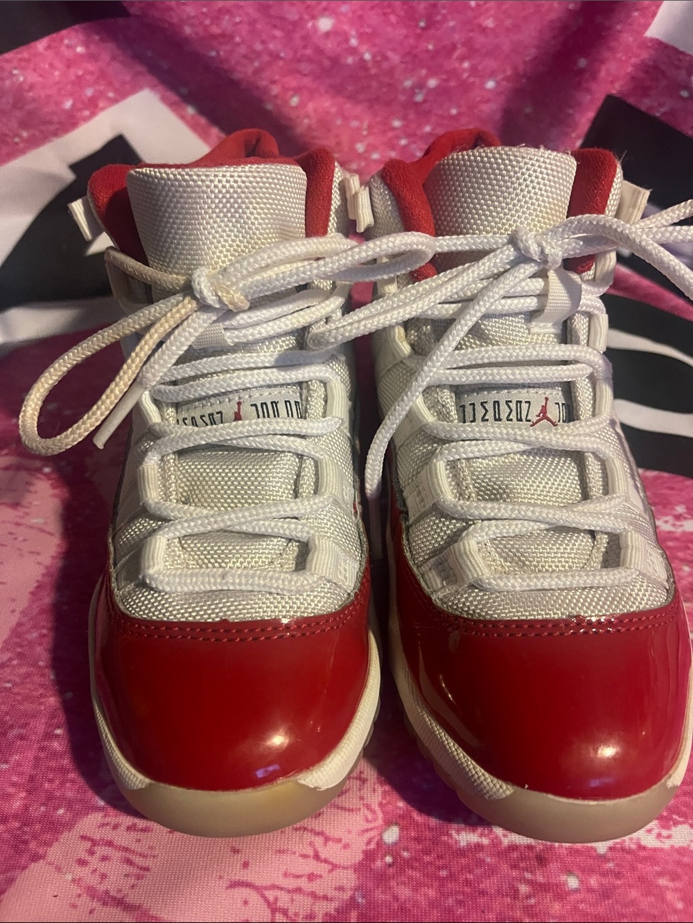 Kids Jordan 11 Red and White Basketball Sneakers
